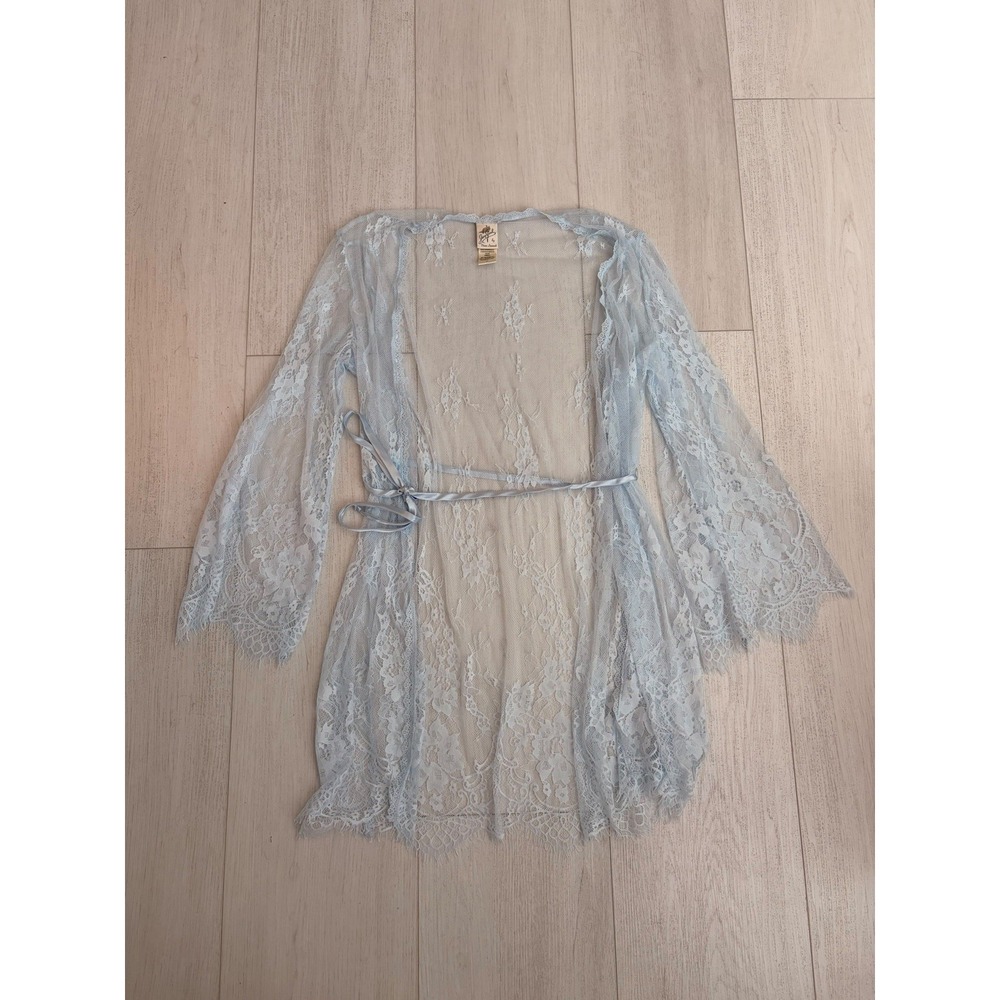 Vintage Jonquil by Diane Samandi Lingerie Short Robe Sz S Light Blue Lace
